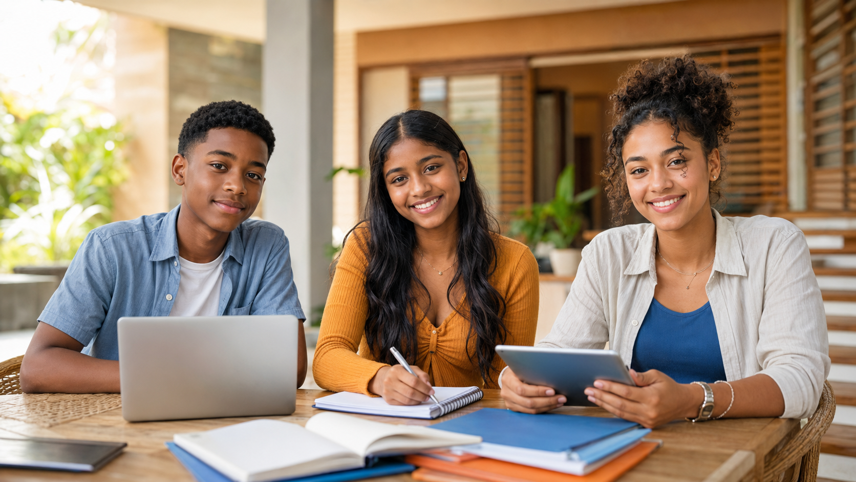 An Afro-Caribbean male, an Indo-Caribbean female and a mixed-race Caribbean female representing three educational stages